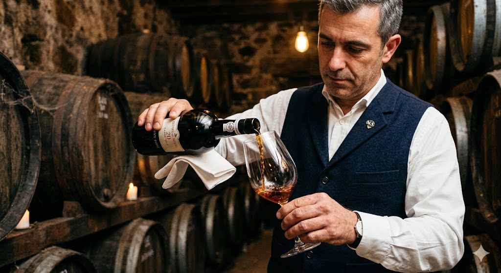 Porto master sommelier pouring a deep tawny Port into a crystal glass in a dim, oak-barrel-lined cellar