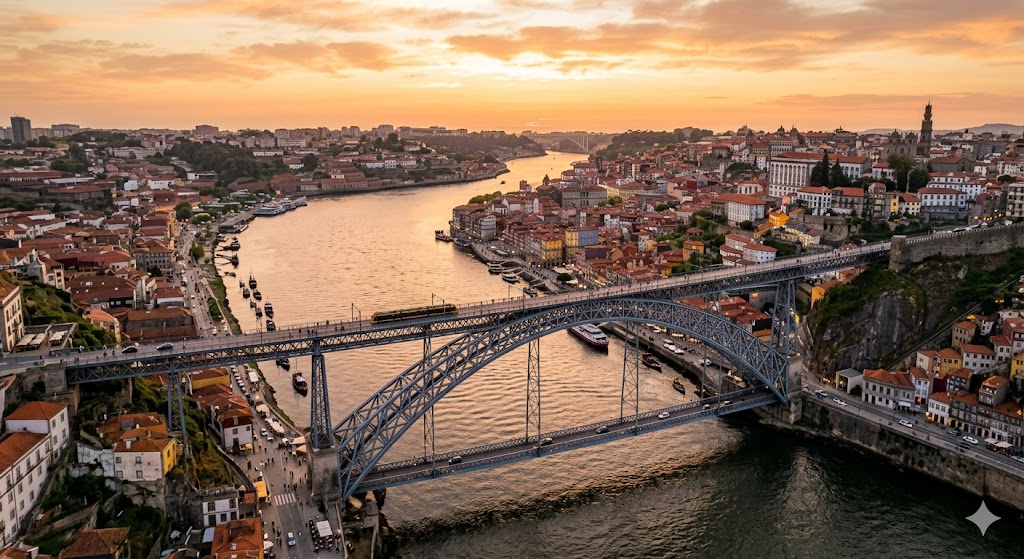 porto A sweeping aerial view of the Ribeira district and the Dom Luís I Bridge at the golden hour