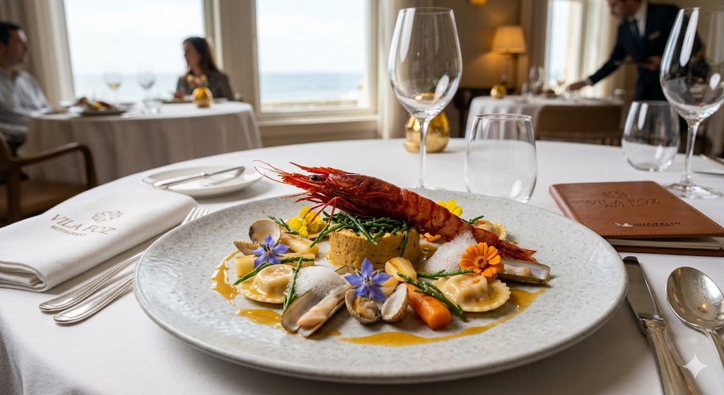 porto beautifully plated seafood dish at Vila Foz, featuring fresh Atlantic ingredients and artistic presentation.