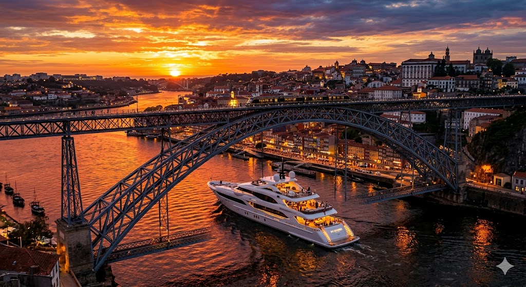 porto luxury yacht gliding under the Dom Luís I Bridge as the sun sets, casting a fiery glow on the water.