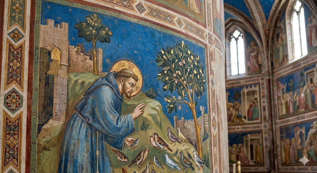 assisi A detailed close-up of a vibrant 13th-century fresco in the Upper Basilica.