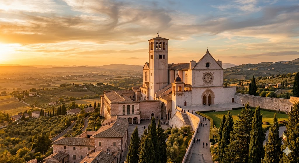 assisi The rose-hued stone of the Basilica of Saint Francis glowing at golden hour.
