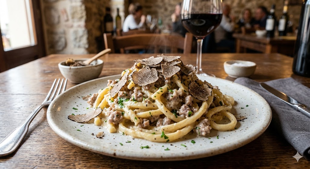 assisi plate of Pasta alla Norcina topped with generous shavings of fresh black truffles.