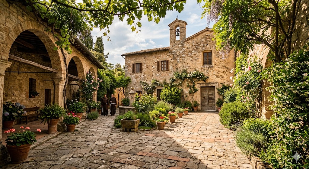 assisi rustic, sun-dappled stone courtyard at San Damiano surrounded by greenery.
