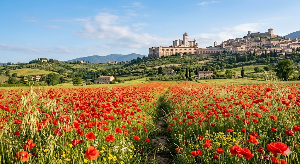 assisi valley below Assisi covered in bright red wild poppies with the town in the distance