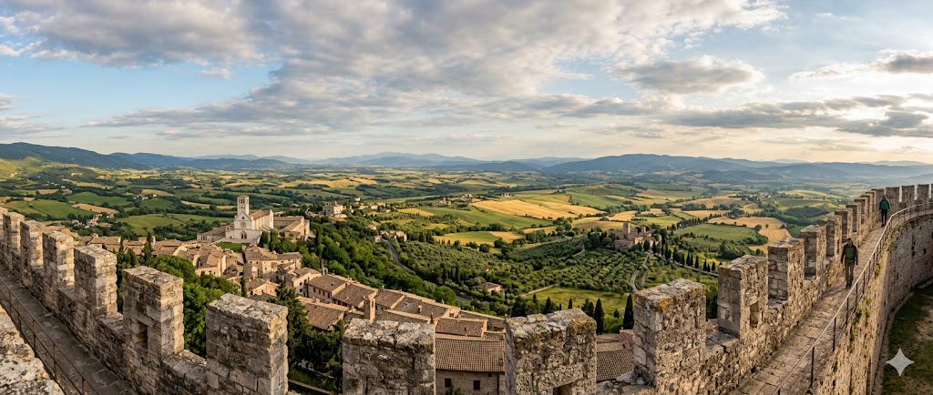 assisi wide panoramic shot of the Umbrian valley from the medieval ramparts of Rocca Maggiore.