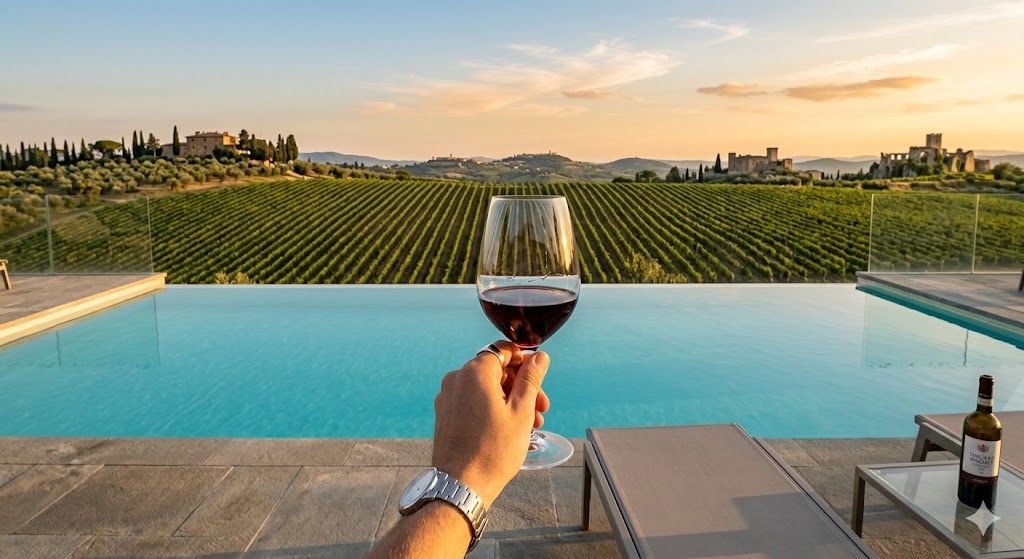 italy A first-person perspective shot of a hand holding a wine glass, looking out over a private infinity pool that merges with the vineyard horizon.
