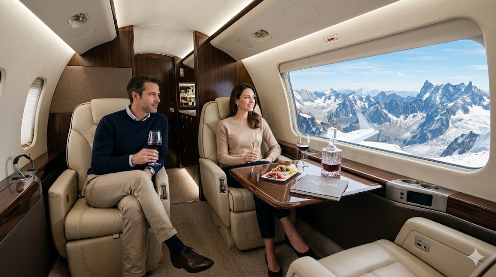 italy interior of a luxury private jet cabin with a view of the Italian Alps through the window