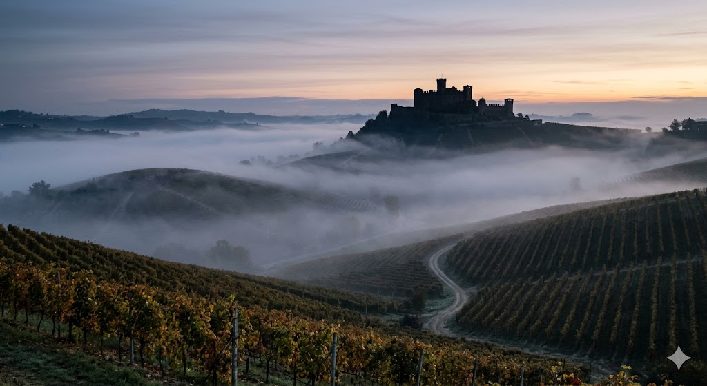 italy piedmont shot of fog-covered vineyards in the Langhe hills with a medieval castle silhouetted on a distant peak.