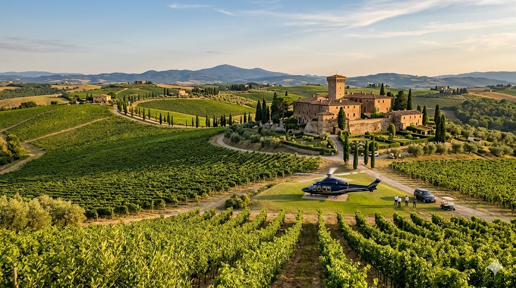 italy tuscany wide-angle shot of a sprawling, sun-drenched Tuscan vineyard with a private helicopter landing in the distance near a historic stone villa