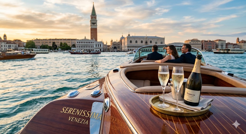 italy veneto sleek mahogany boat gliding through the Venetian lagoon, with two chilled glasses of Prosecco Superiore resting on the deck