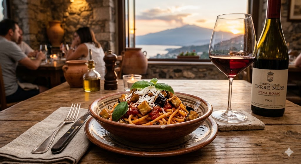 sicily A beautifully plated dish of Pasta alla Norma paired with a glass of Etna Rosso wine.