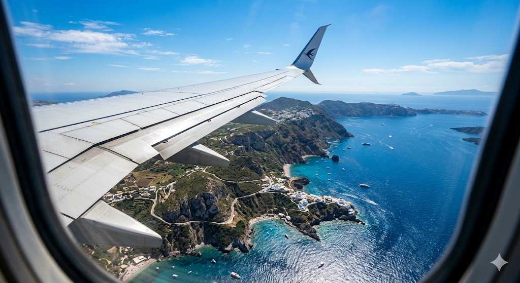 sicily An airplane wing soaring over the rugged Mediterranean coastline and sparkling sea.