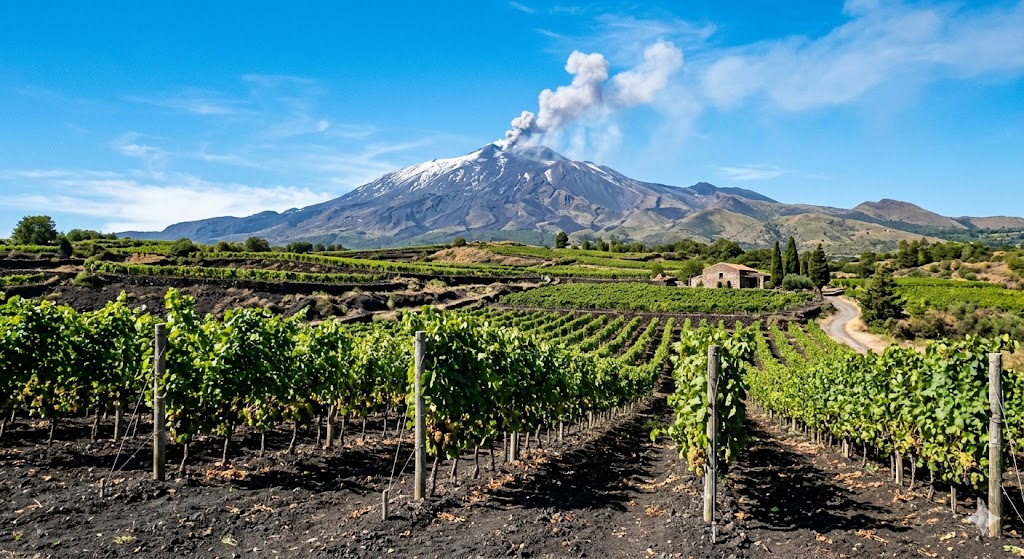 sicily Black volcanic soil vines in the foreground with the smoking crater of Mount Etna looming majestically under a bright blue Sicilian sky.