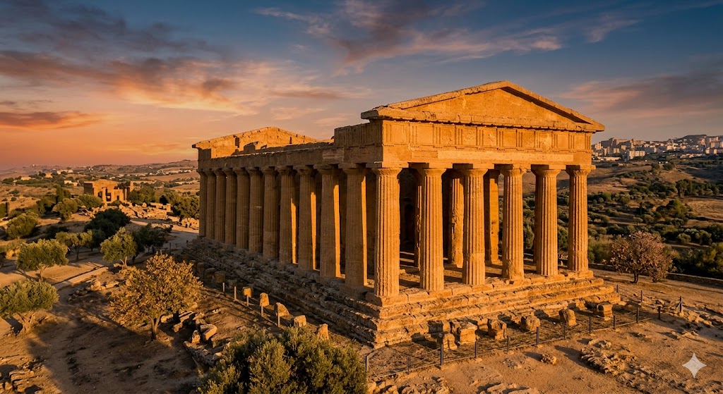 sicily The Doric columns of the Temple of Concordia at golden hour.
