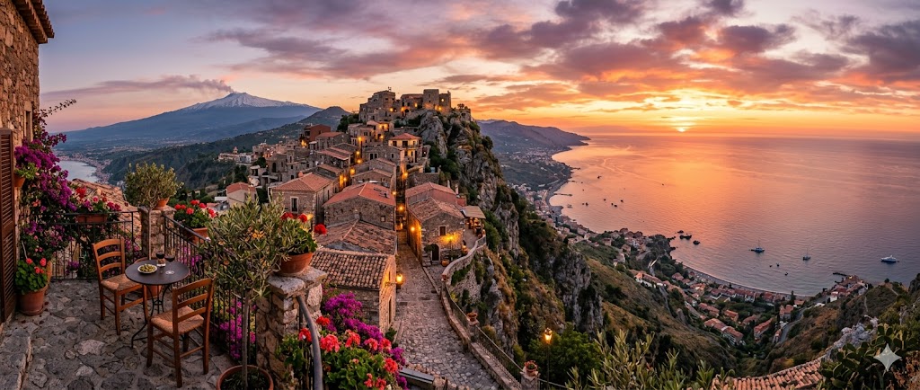 sicily panoramic sunset view over the Mediterranean Sea from a high-altitude Sicilian village.