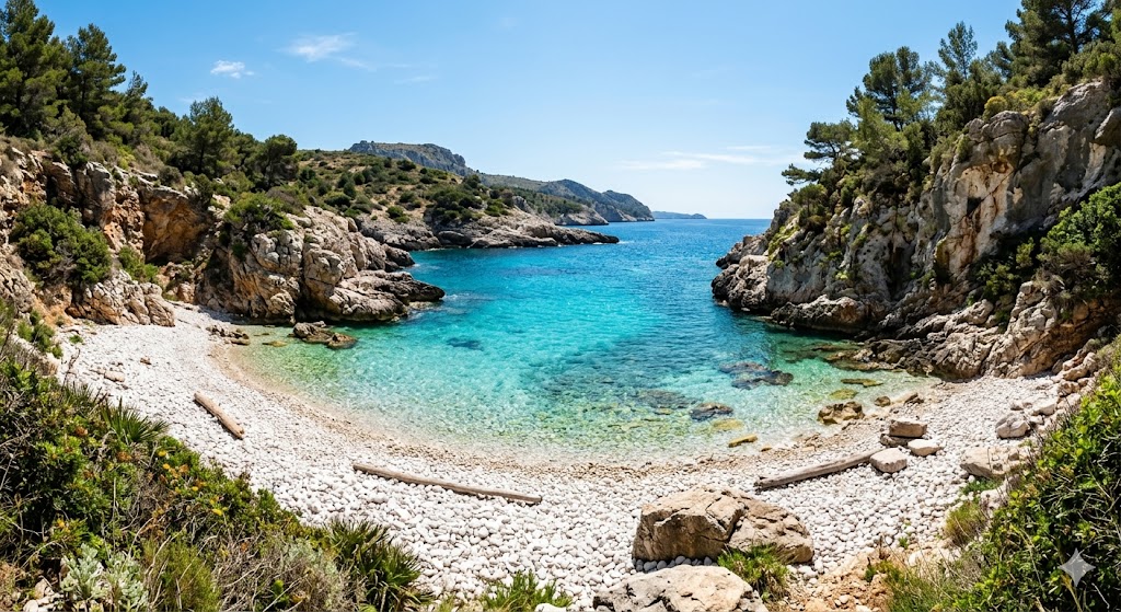 sicily secluded, rocky cove with impossibly clear turquoise water and white pebbles.