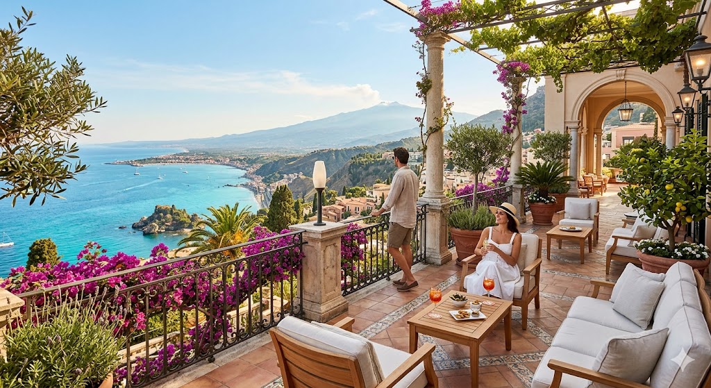 sicily wide-angle shot of a sun-drenched luxury terrace overlooking the Ionian Sea in Taormina.