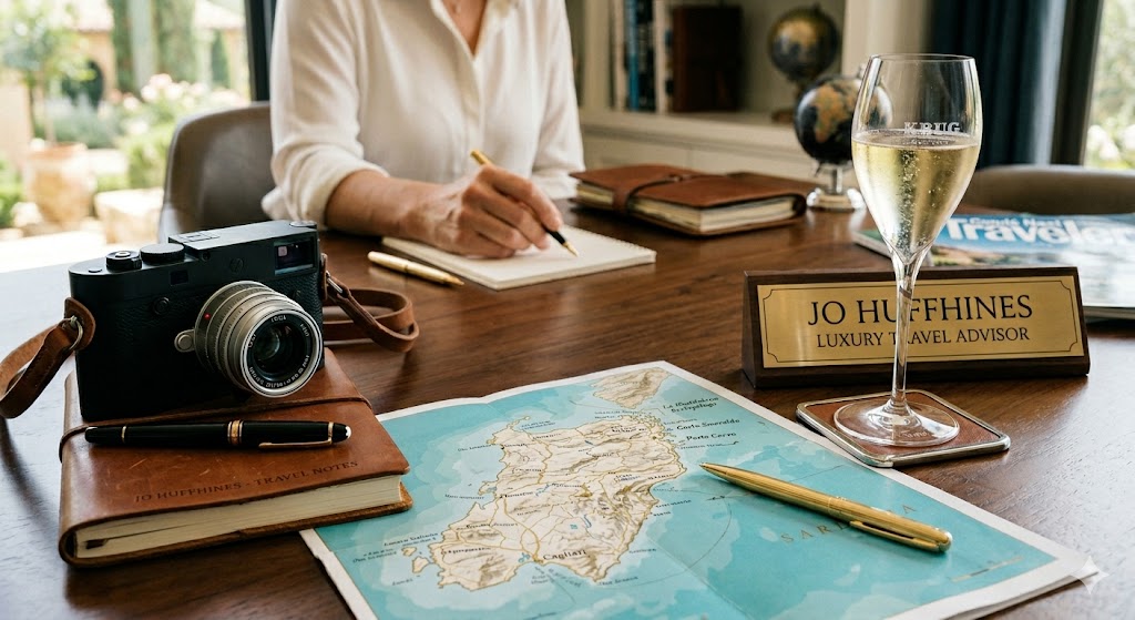 travel agent close-up of a luxury travel advisor's desk with a map of Sardinia, a glass of champagne, and a high-end camera