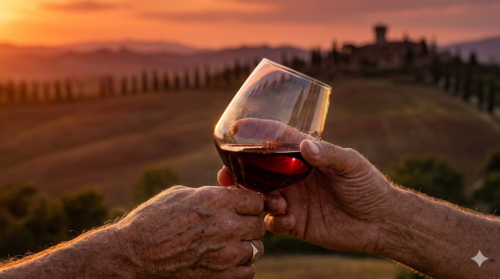 tuscany A close-up of a weathered hand holding a glass of deep garnet Brunello against a backdrop of rolling cypress-lined hills at sunset