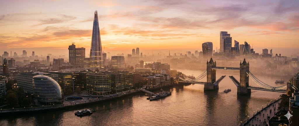 London skyline at golden hour, featuring the Shard and Tower Bridge with a soft, misty Mystic Outlands filter.