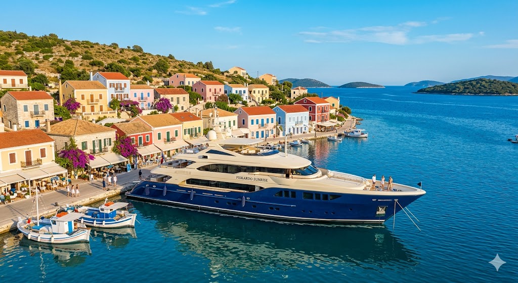 greek island Kefalonia A luxury yacht docked in the colorful, historic harbor of Fiskardo village.
