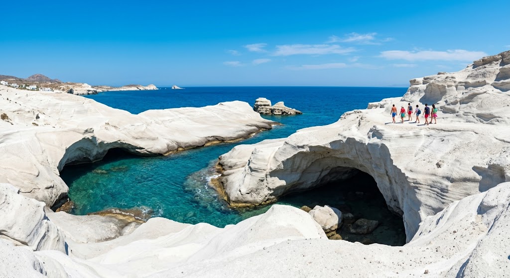 greek island Milos The striking white volcanic rock formations of Sarakiniko Beach against a deep blue sky