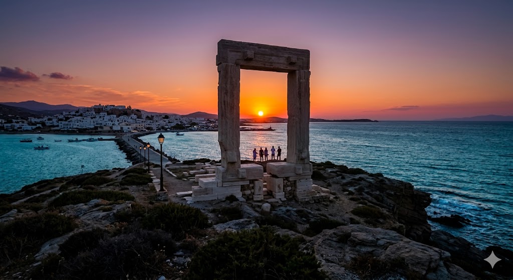 greek islands Naxos The Portara (Temple of Apollo) gate at sunset with the turquoise sea in the background.