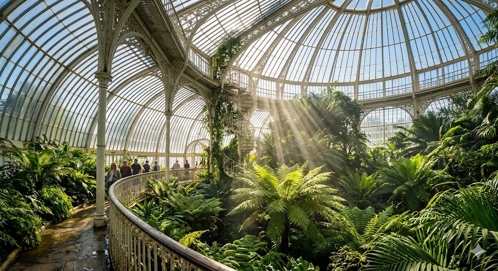 london The interior of the glass Palm House at Kew, with sunlight streaming through the panes onto lush, exotic ferns