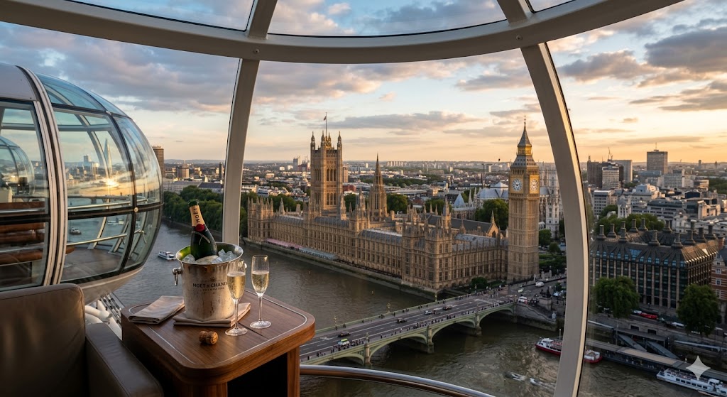 london The view from inside a private London Eye capsule, looking out over the Houses of Parliament with a bottle of chilled champagne.