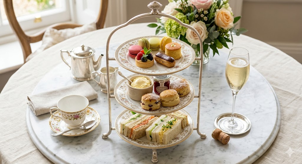 london aesthetic shot of a three-tiered silver tea stand with delicate pastries, clotted cream, and a glass of vintage champagne.