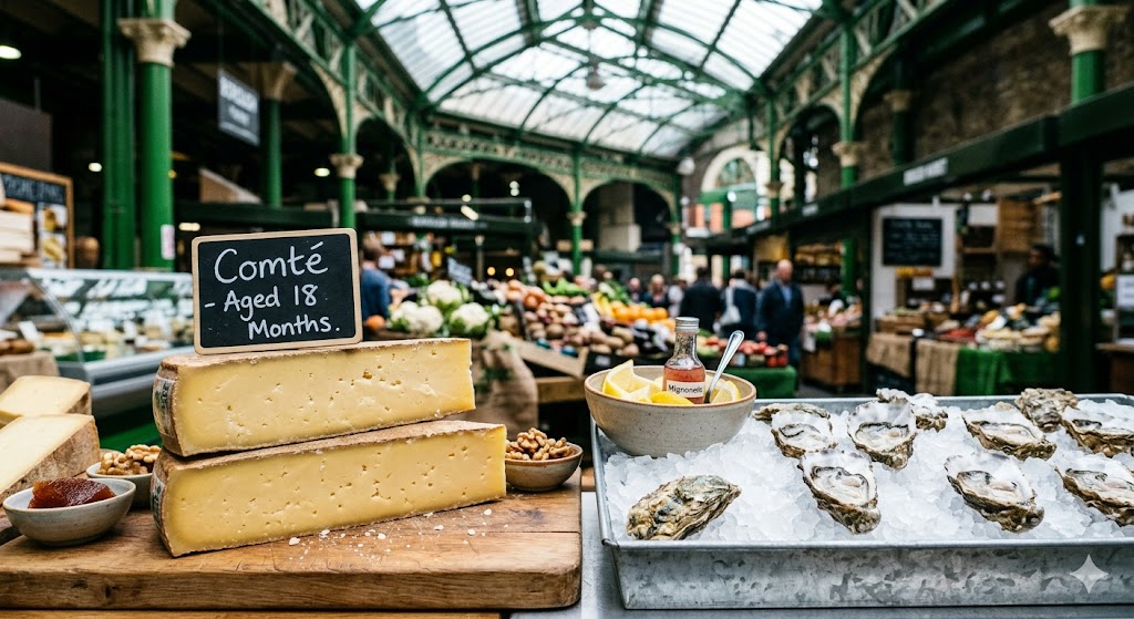 london close-up shot of artisanal Comté cheese and fresh oysters displayed under the green iron arches of the market