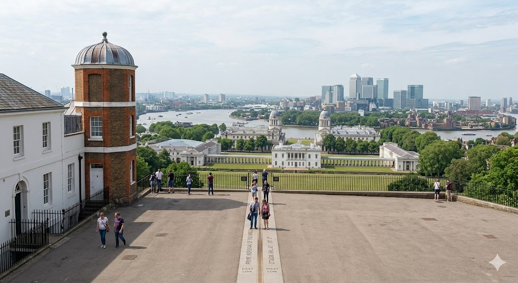 london greenwich The Prime Meridian line at the Royal Observatory, with the historic maritime buildings of Greenwich in the valley below.