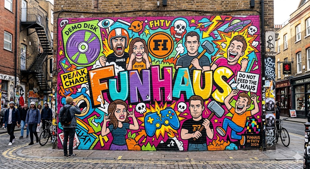 london striking, colorful mural by a famous street artist on a brick wall in Shoreditch, styled with a Funhaus bold aesthetic
