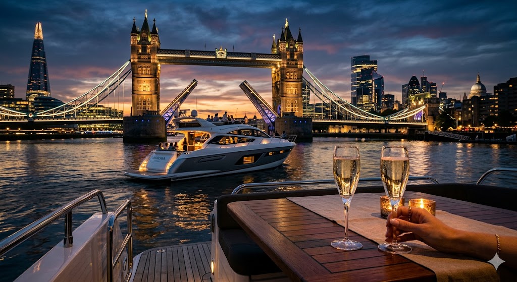 london uxury river yacht gliding past a glowing Tower Bridge at dusk, with champagne flutes in the foreground.