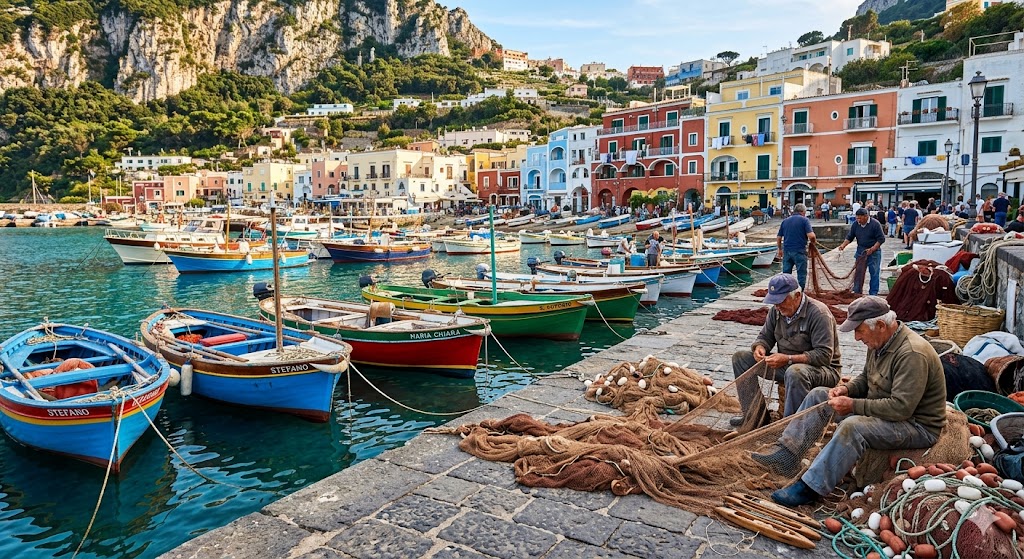 sorrento Colorful wooden gozzo boats mending nets in the small, traditional harbor of Marina Grande.