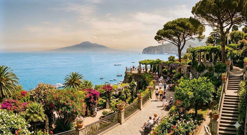 sorrento Mediterranean gardens of Villa Comunale with the silhouette of Vesuvius in the hazy distance.