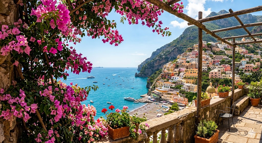 sorrento Sun-drenched coastal town views with blooming bougainvillea in the foreground.