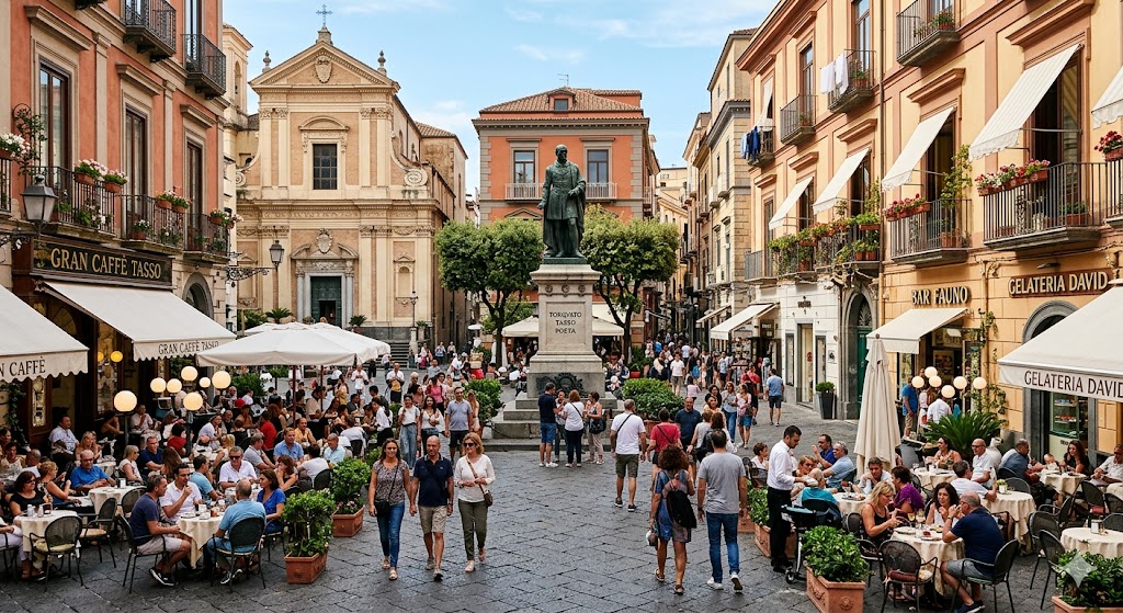 sorrento bustling town square filled with elegant cafes and the statue of poet Torquato Tasso.