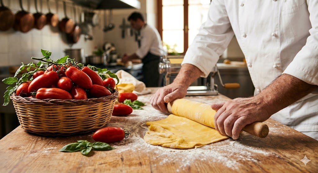 sorrento chef’s hands rolling fresh pasta next to a basket of ripe San Marzano tomatoes.