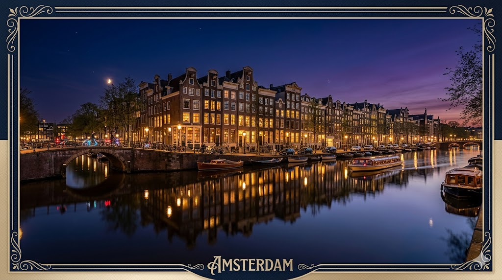 amsterdam iconic illuminated canal houses of Amsterdam reflecting in the water at twilight.