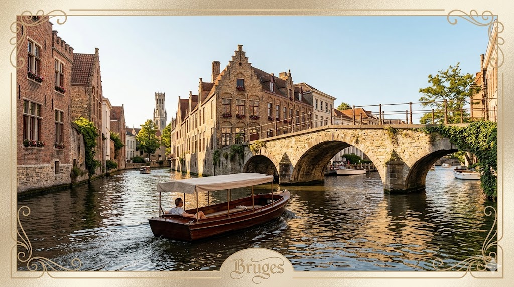 bruges private canal boat drifting past the historic stone bridges of Bruges under a golden afternoon sun.
