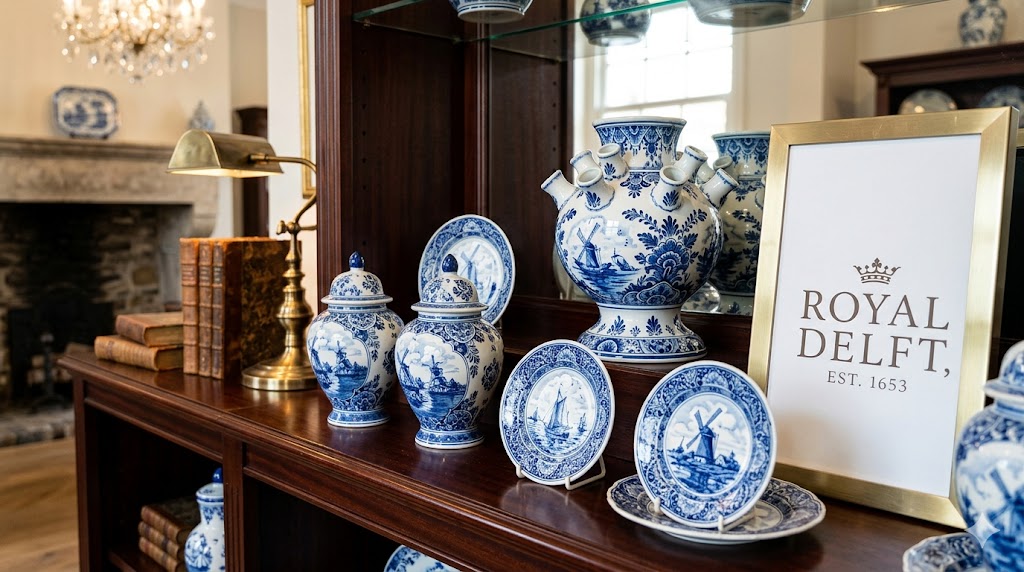 delft ntricate blue and white Royal Delft porcelain displayed in a luxury boutique setting.