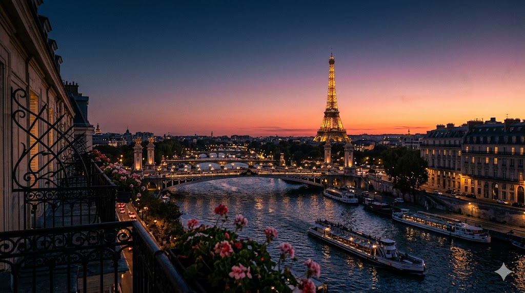 paris midnight navy view of the Seine at sunset with the Eiffel Tower glowing in the distance