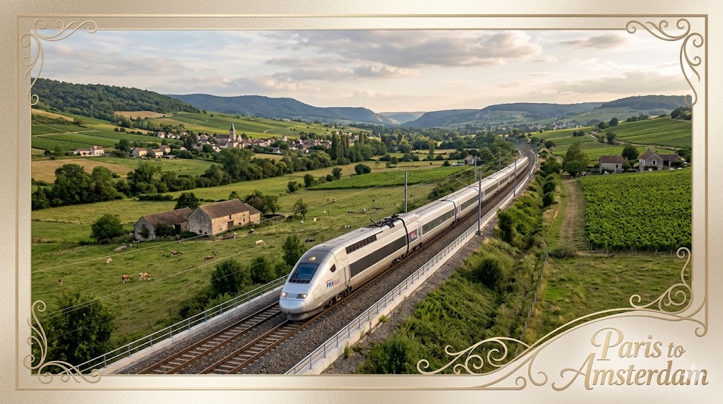 train high-speed train gliding through the lush French countryside, framed by champagne gold accents.