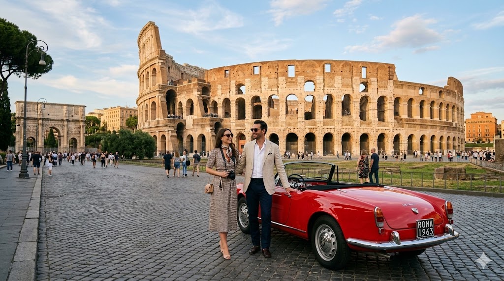 italy, rome couple by alfa romeo near the colloseum