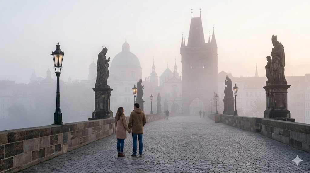 prague The Charles Bridge covered in light morning mist, looking ethereal and quiet.