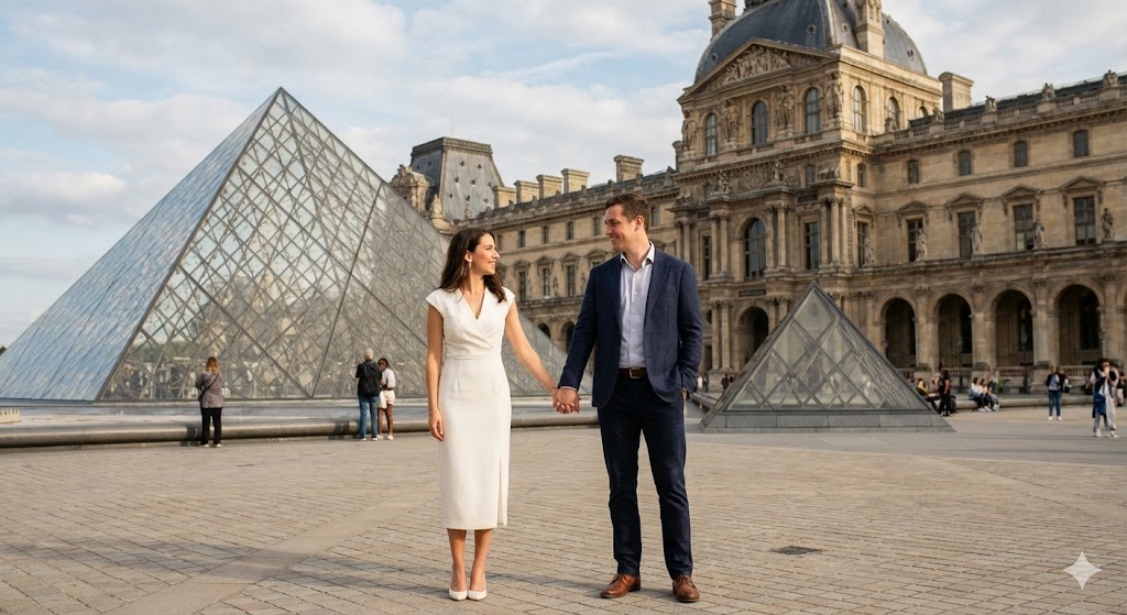 france paris couple in front of louve