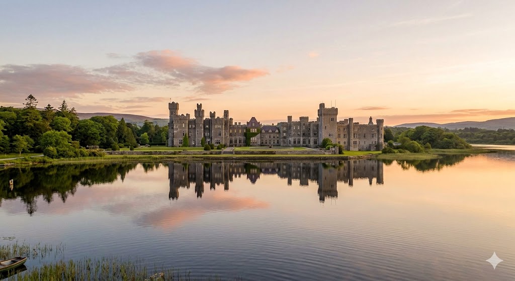 ireland castles A sweeping wide-angle shot of Ashford Castle reflected in the still waters of Lough Corrib at dawn.
