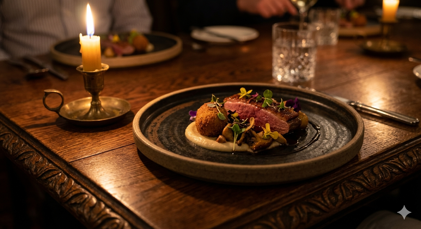 ireland castles admare manor A close-up of a beautifully plated Michelin-star dish set against the dark, ornate wood of the Oak Room, glowing in candlelight.